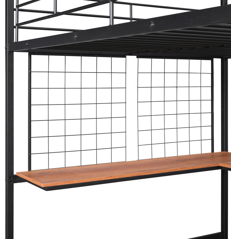 TATEUS Metal Loft Bed With Desk, Sturdy Metal Frame Guardrails Work and Play, Black, Full