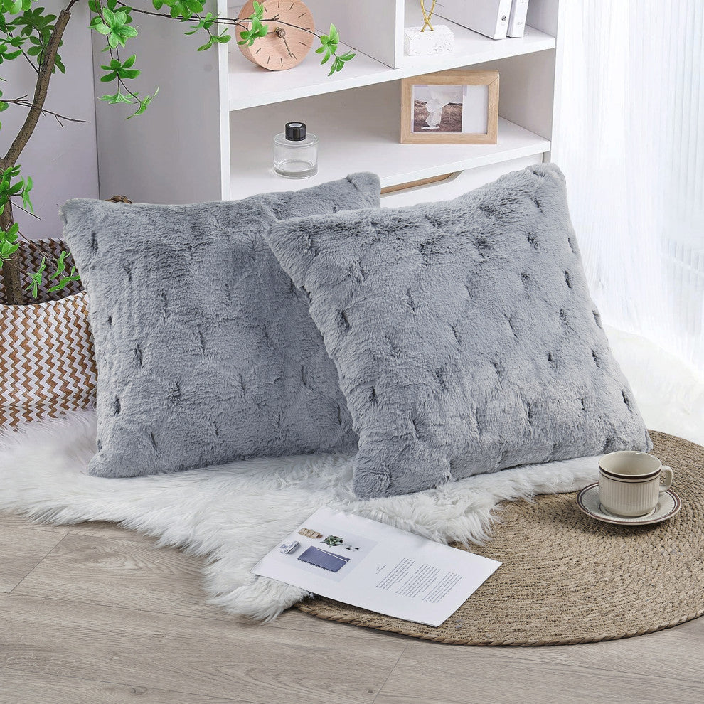 Jacquard Rabbit Faux Fur Pillow Cover 2 Piece Set, Silver Grey, 20" X 20"
