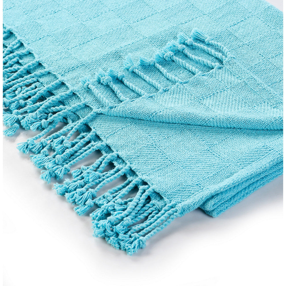 Checkered Weave Throw Blanket with Fringe, Angel Blue