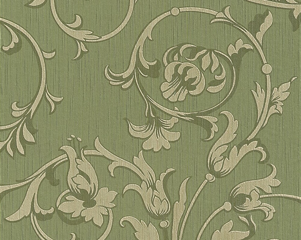 Tessuto, Baroque Fabric Green Wallpaper Sample, Wall Decor Accent