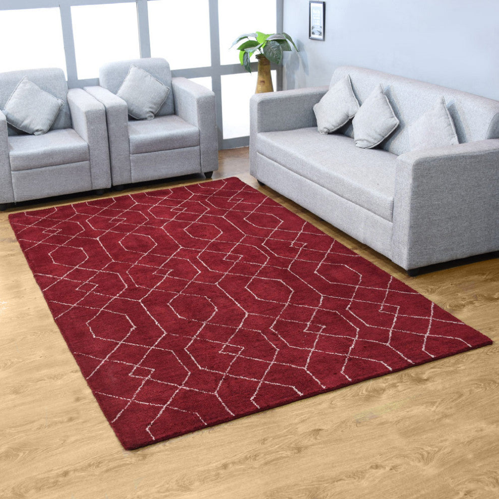 HAND KNOTTED LOOM SILK ECO-FRIENDLY AREA RUG-5'x8',Rectangle,Red White,Geometric