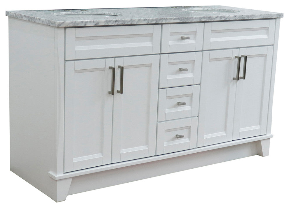 61" Double Sink Vanity, White Finish And White Carrara Marble And Oval Sink