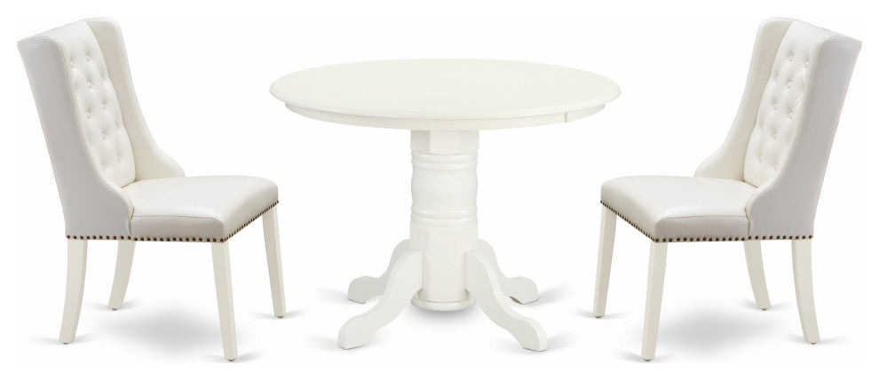 3Pc Kitchen Set, 1 Pedestal Table, 2 Light Grey Chairs, Linen White