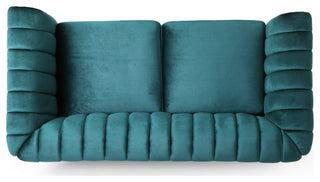 Bauman Modern Glam Channel Stitch Loveseat with Nailhead Trim, Teal + Dark Brown, Velvet