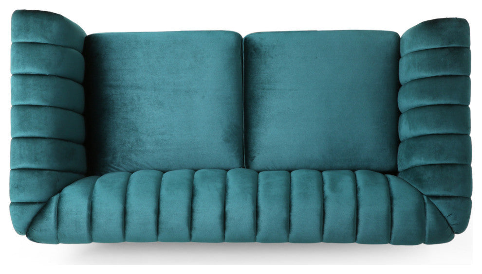 Bauman Modern Glam Channel Stitch Loveseat with Nailhead Trim, Teal + Dark Brown, Velvet