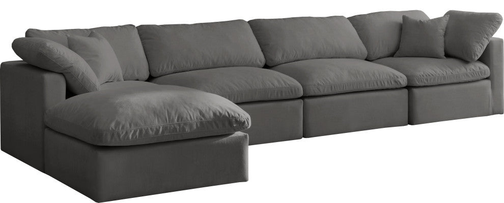 Plush Velvet / Down Standard Comfort L-Shaped Modular Sectional, Gray, 5-Piece: 2 Armless Chair, 2 Corner Chair, 1 Ottoman