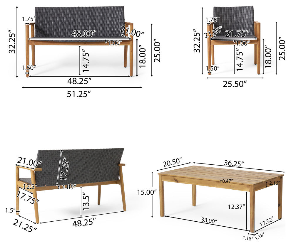 Alamosa Outdoor Wicker and Acacia Wood 4 Seater Chat , Gray and Teak