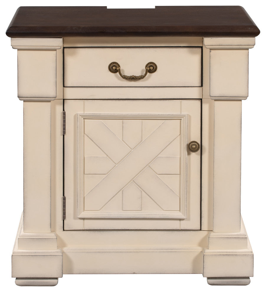 1 Drawer Wood Nightstand with USB Ports, Antique White