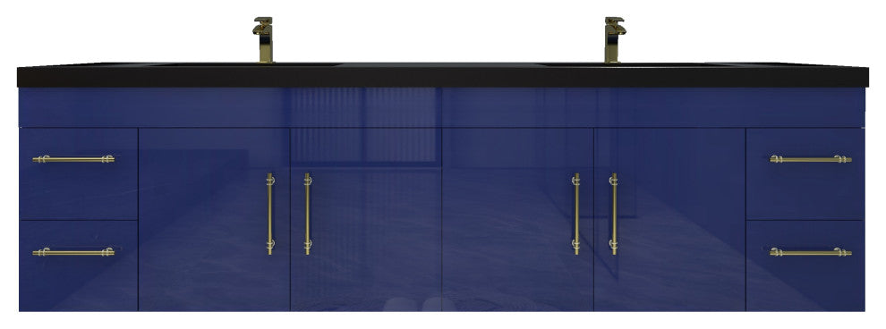 Rosa 84" Wall Mounted Modern Vanity, High Gloss Night Blue, Matt Black Top