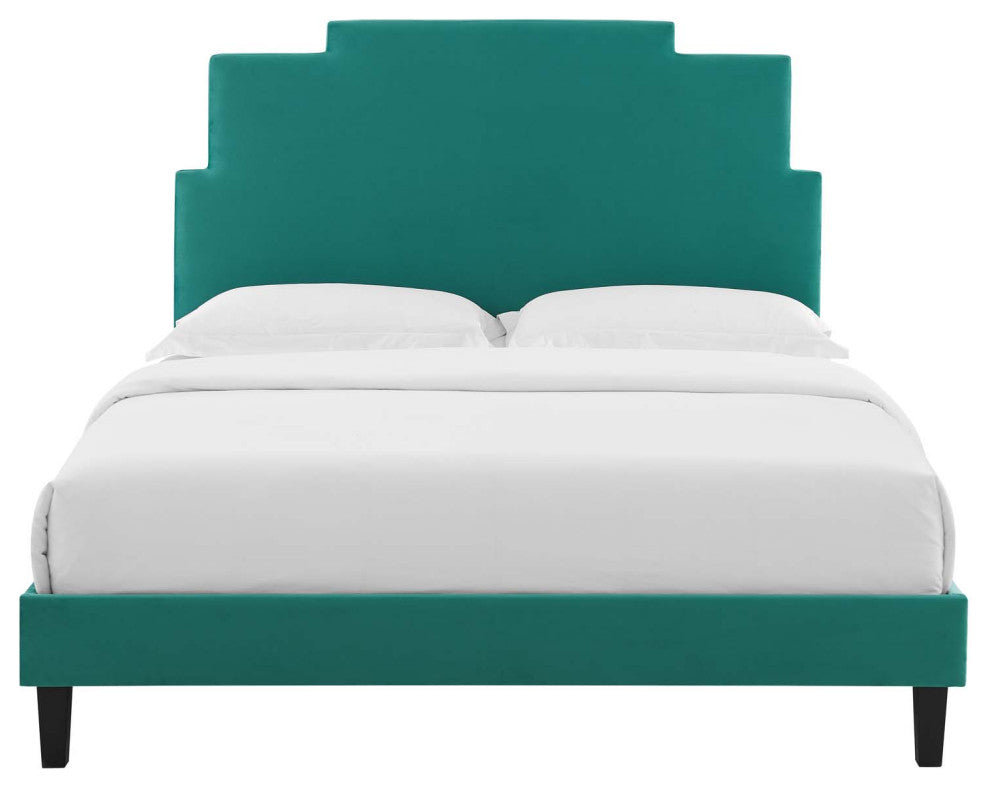 Platform Bed Frame, King Size, Velvet, Teal Blue, Modern Contemporary, Bedroom