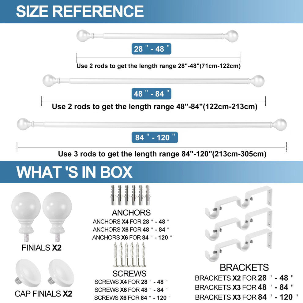 Ball Adjustable Double Curtain Rod Set, 5/8", White, 84"-120"