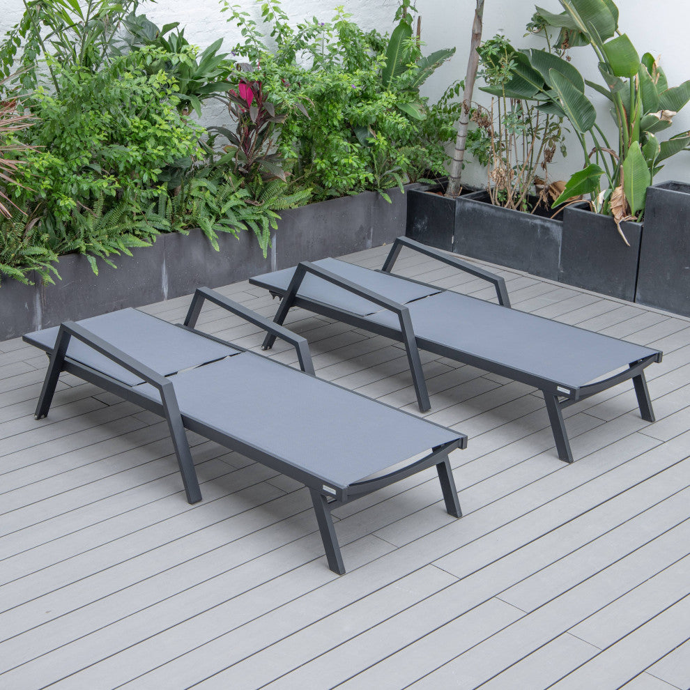 LeisureMod Marlin Outdoor Patio Stackable Chaise Lounge Chair with Arms Set of 2, Dark Gray