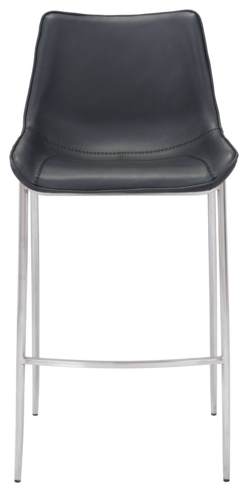 Bar Stool Chair Barstool, Set of 2, Faux Vinyl Leather, Steel, Black, Silver
