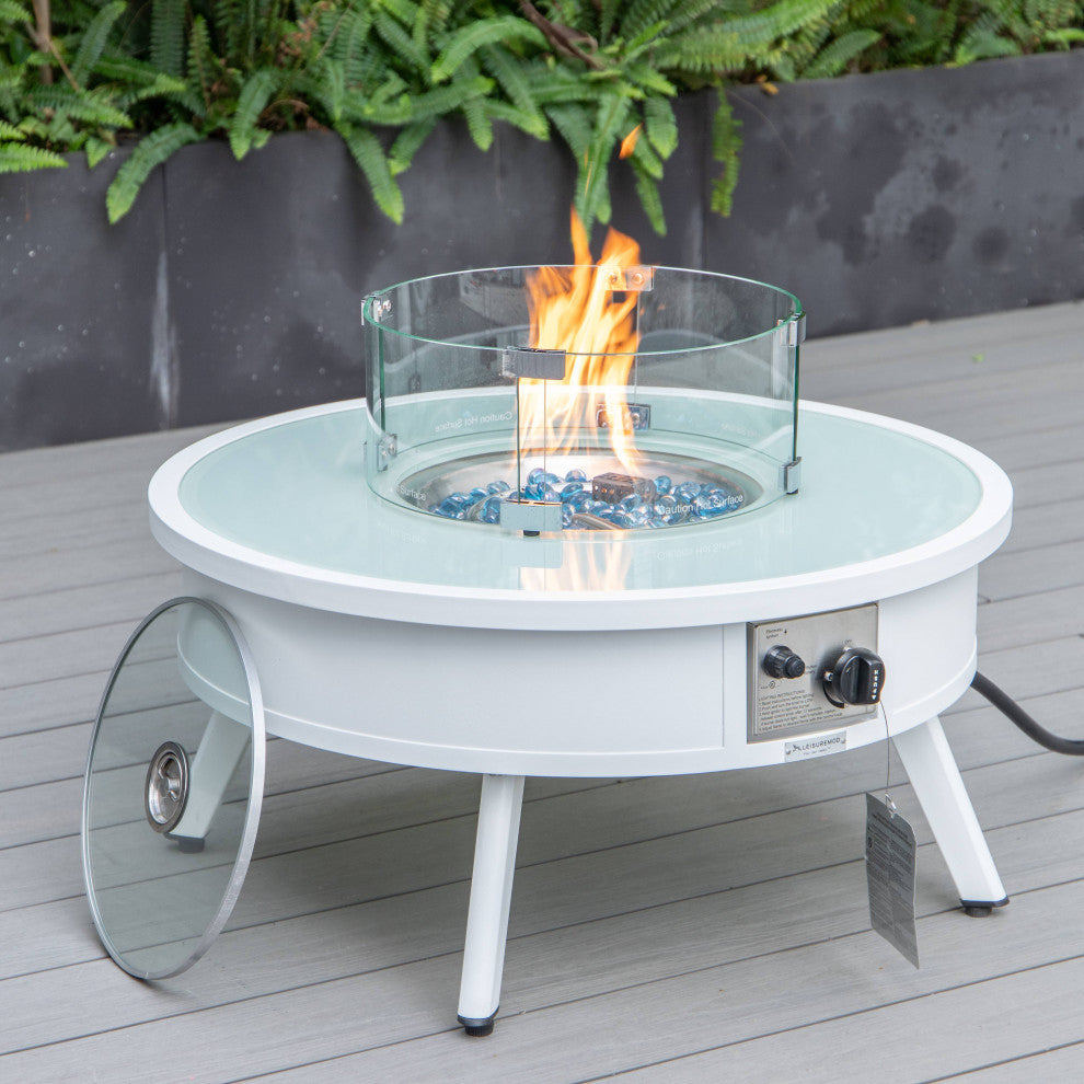 LeisureMod Walbrooke White Patio Conversation Set With Fire Pit, Red