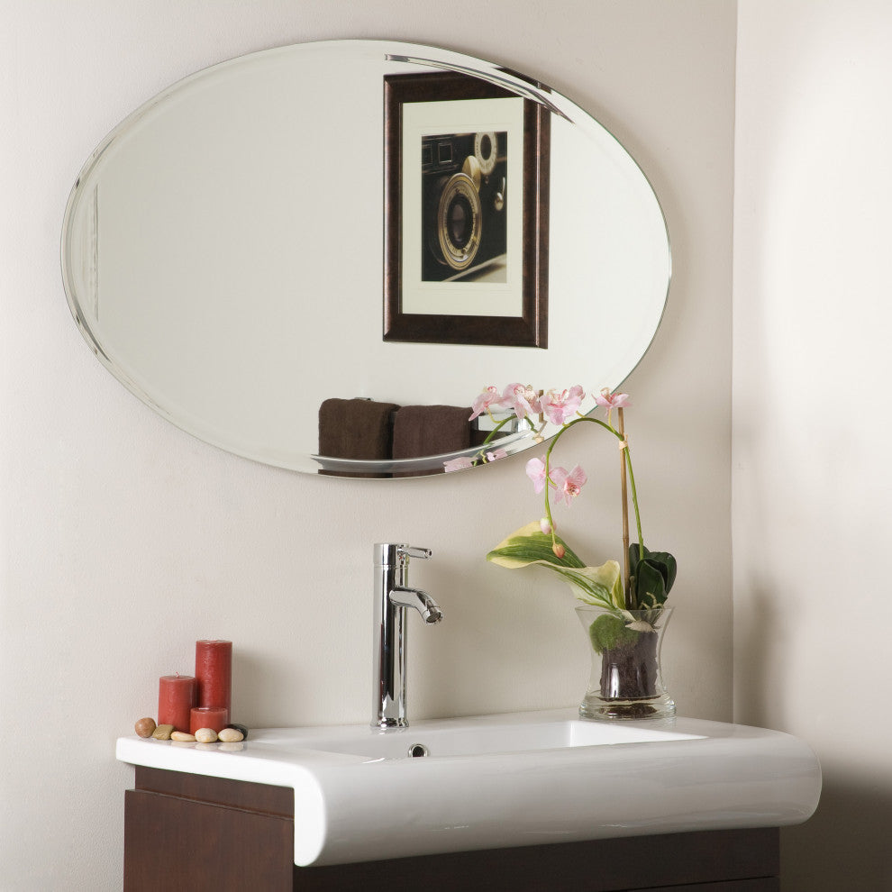 Oval Beveled Polished Frameless Wall Mirror With Hooks, 22" X 39"