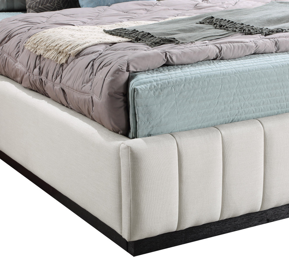 Lucia Beige Linen Textured Fabric Full Bed, Beige, Full, Black Finish
