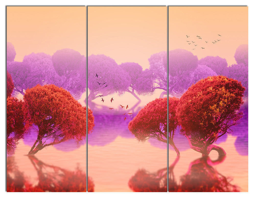 Red and Purple Japanese Gardens, Landscape Canvas Art Print, 36x28, 3 Panels