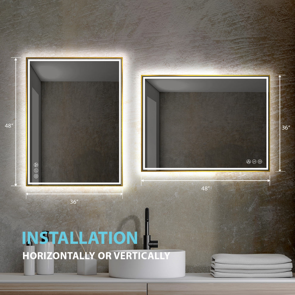 Fogless, Dimmable, Color Temperature Adjustable LED Mirror, Brush Gold, 48x36