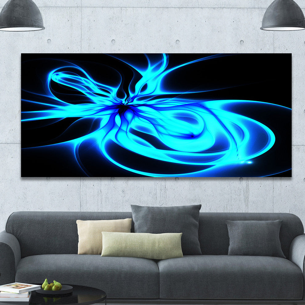 Glowing Blue Symmetrical Flower, Oversized Abstract Canvas Art Print, 60x28