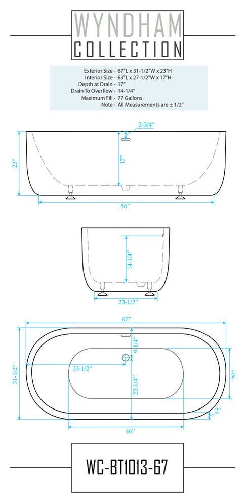 67" Freestanding Bathtub, White