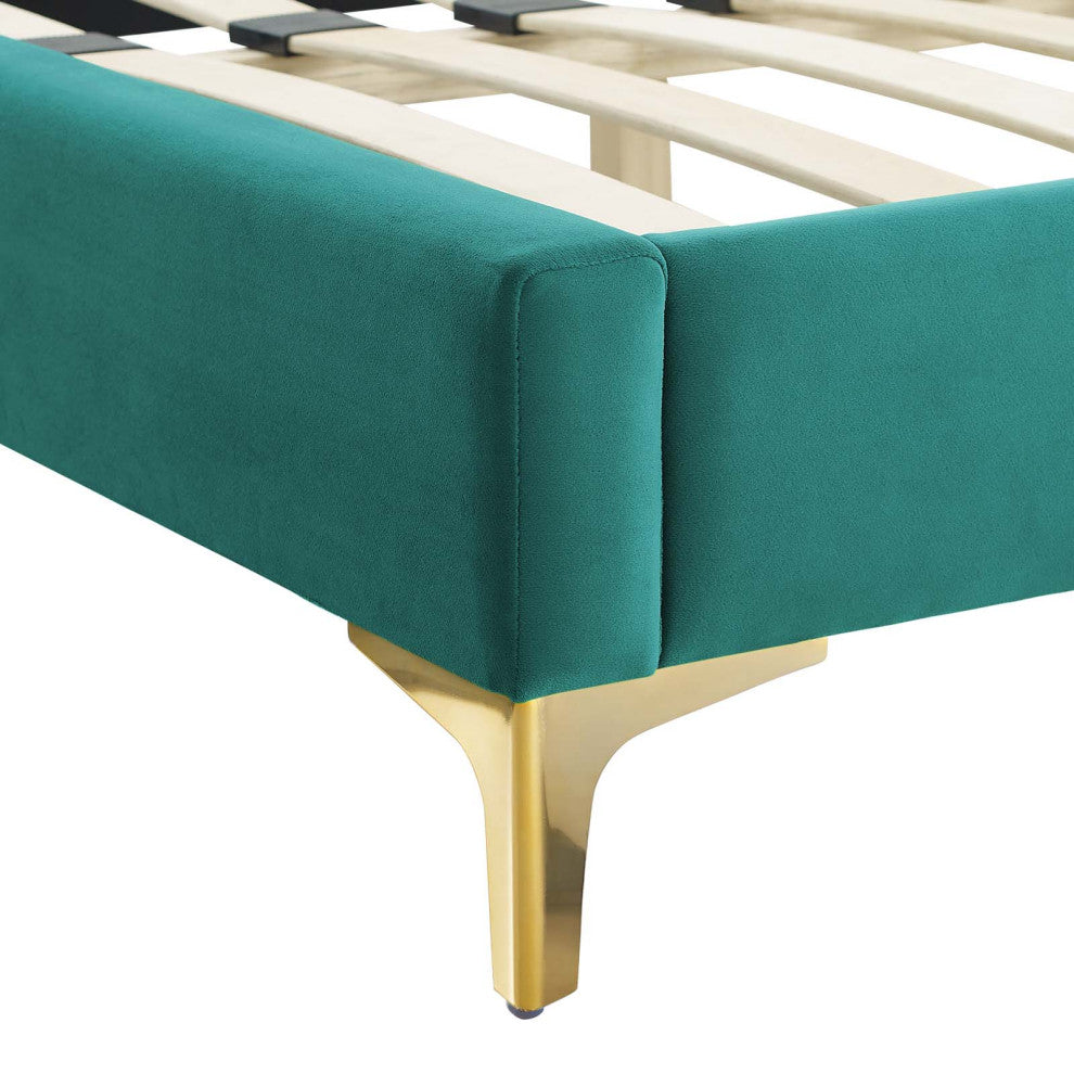 Platform Bed Frame, King Size, Teal Blue, Velvet, Modern, Bedroom Guest Suite