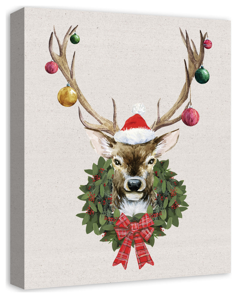 Christmas Deer Wreath 16x20 Canvas Wall Art