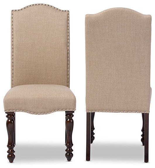 Zachary Oak Brown Beige Linen Fabric Dining Chair, Set of 2