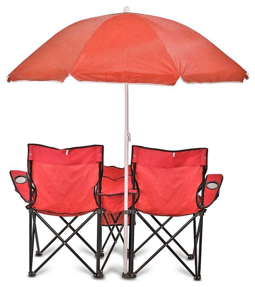 GoTeam Portable Double Folding Chair w/Removable Umbrella, Cooler Bag and Carry