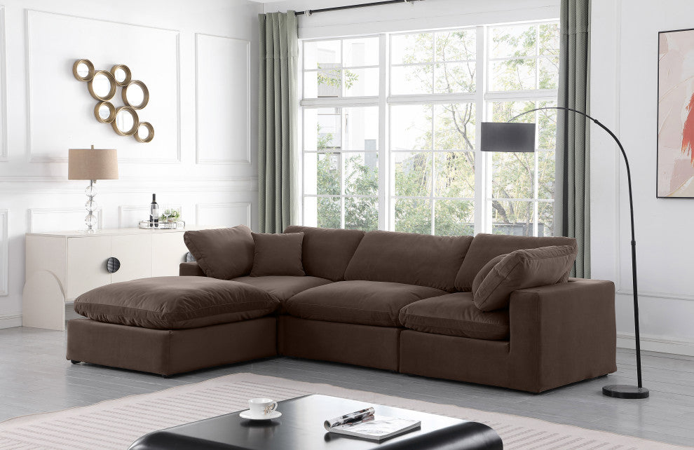 Comfy Upholstered L-Shaped Modular Sectional, Brown, 4-Piece: 1 Armless Chair, 2 Corner Chair, 1 Ottoman, Velvet
