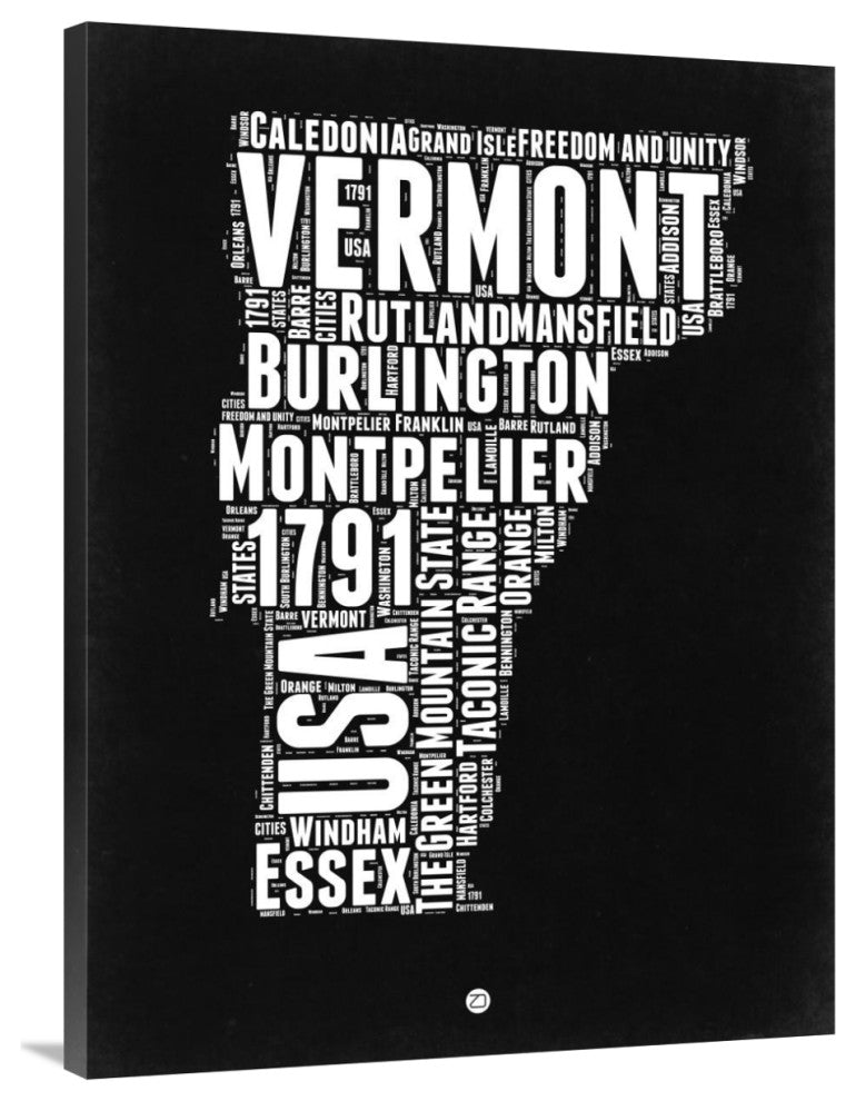 "Vermont Black and White Map" Fine Art Print