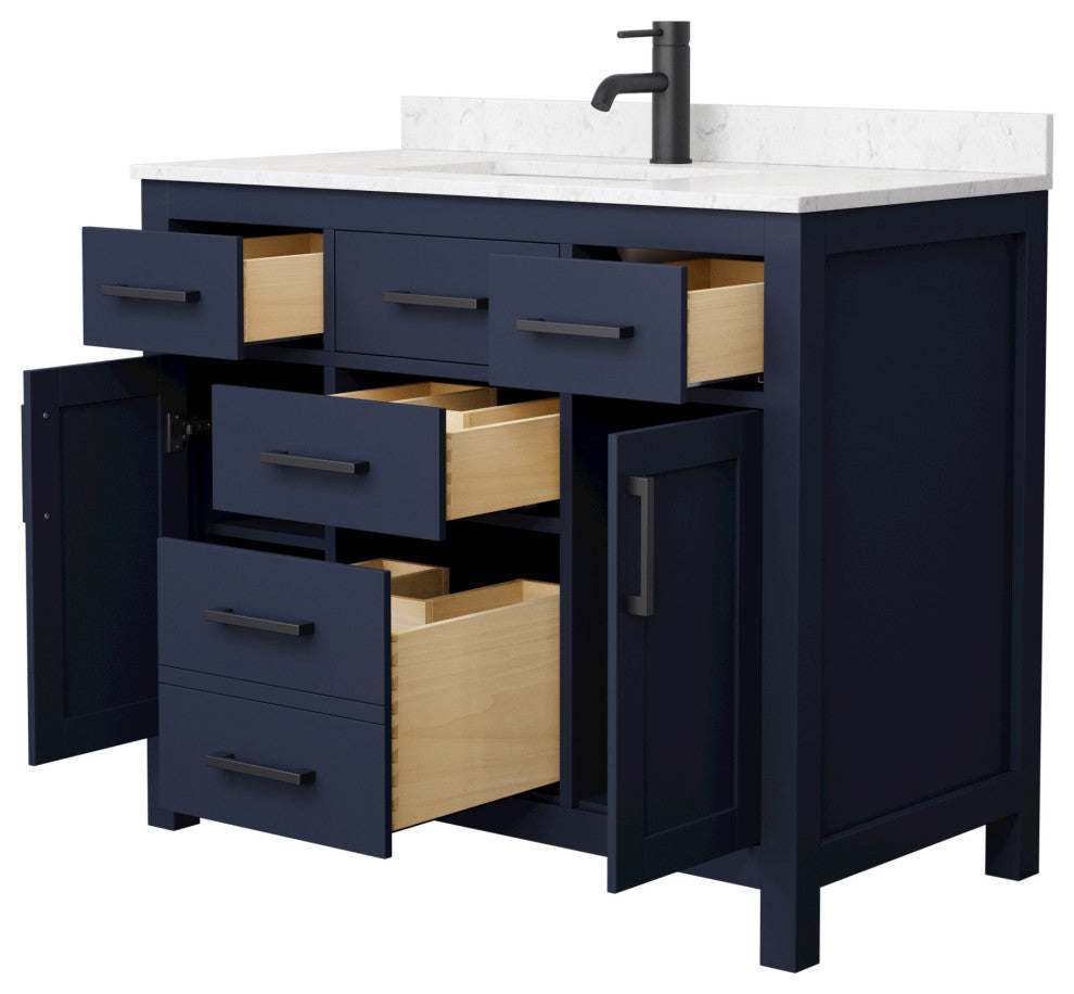 42"SGL Vanity Dark Blue, Carrara Cult. Marble Countertop, Sink, Black Trim