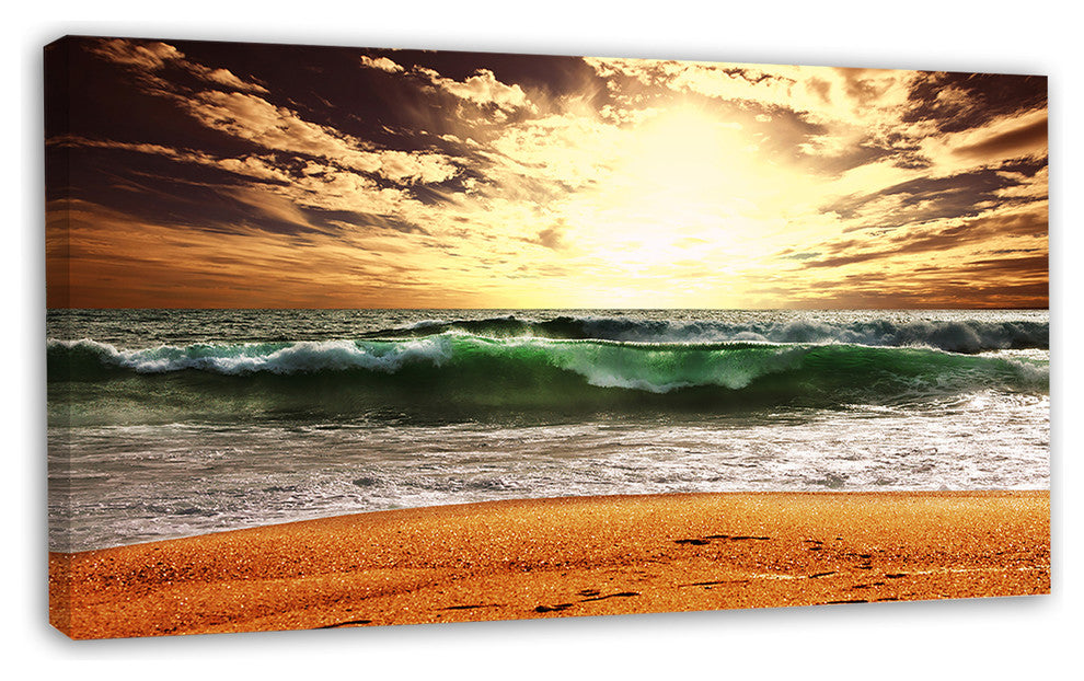 Raging Green Waves At Sunset, Large Seashore Canvas Print, 32"x16"