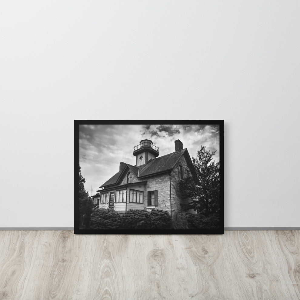 Cedar Point Lighthouse in Black and White Framed Photo Paper Wall Art Prints, Black, 18" X 24"