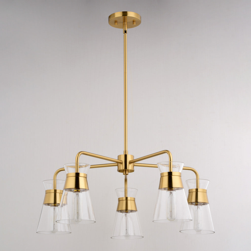 Harper 5 Light Gold Brass Mid-Century Modern Chandelier Clear Glass