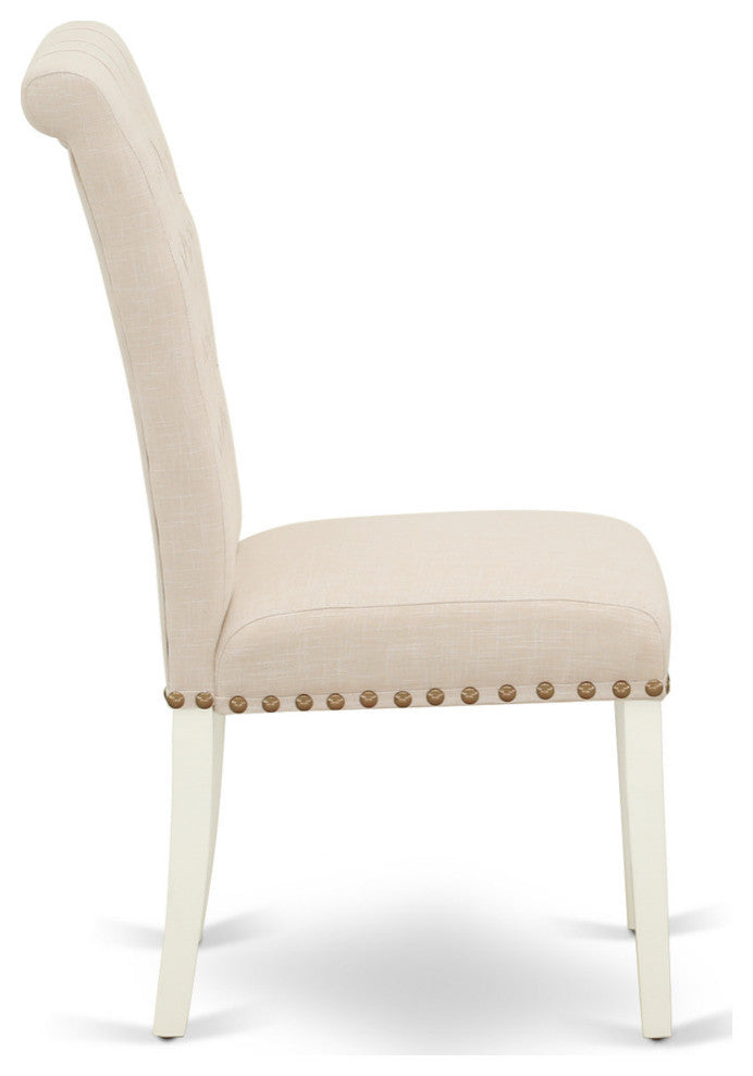 5Pc Dining Set, Round Table, Four Parson Chairs, Light Beige Fabric, White