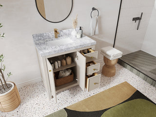 Chicago 36" Left Offset Bathroom Vanity, Fine Grain 2" Calacatta Laza