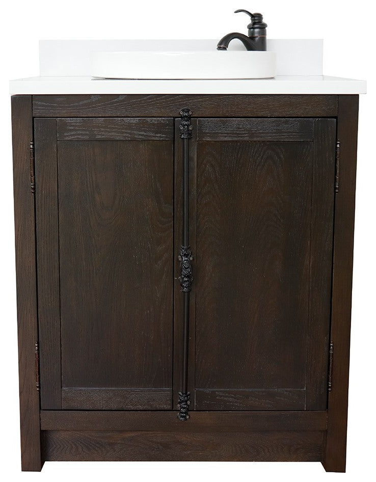 30" Single Vanity, Brown Ash, White Engineered Stone Top, Round