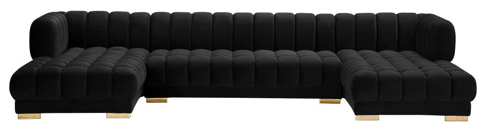 Gwen Biscuit Tufted Velvet Upholstered 3 Piece Sectional, Black