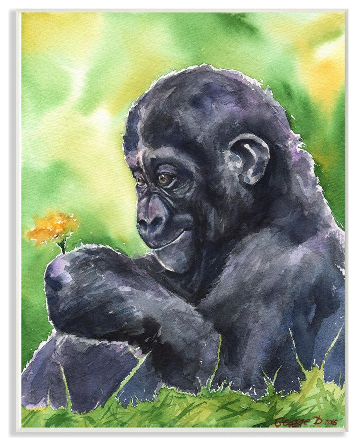 Baby Gorilla Animal And Flower Green Painting, 10"x15"