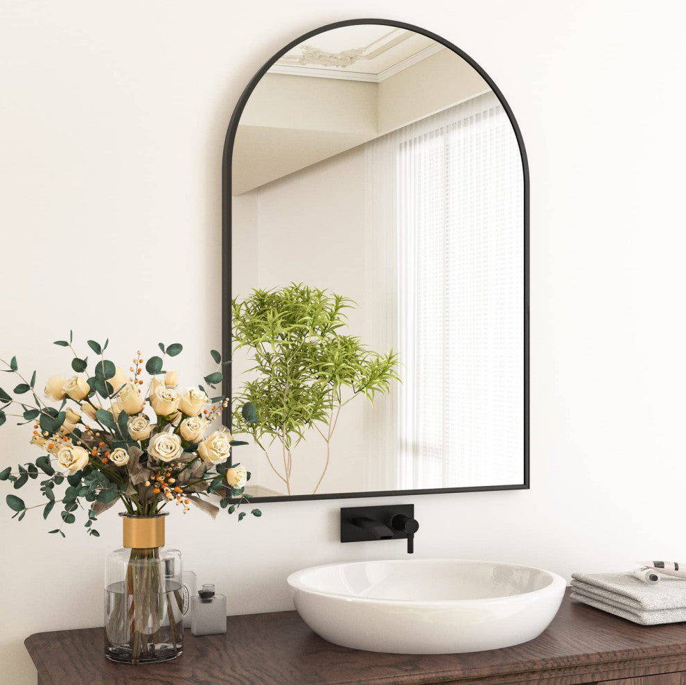 Easly Aluminum Alloy Framed Arched Wall Mirror, Black, 26x38