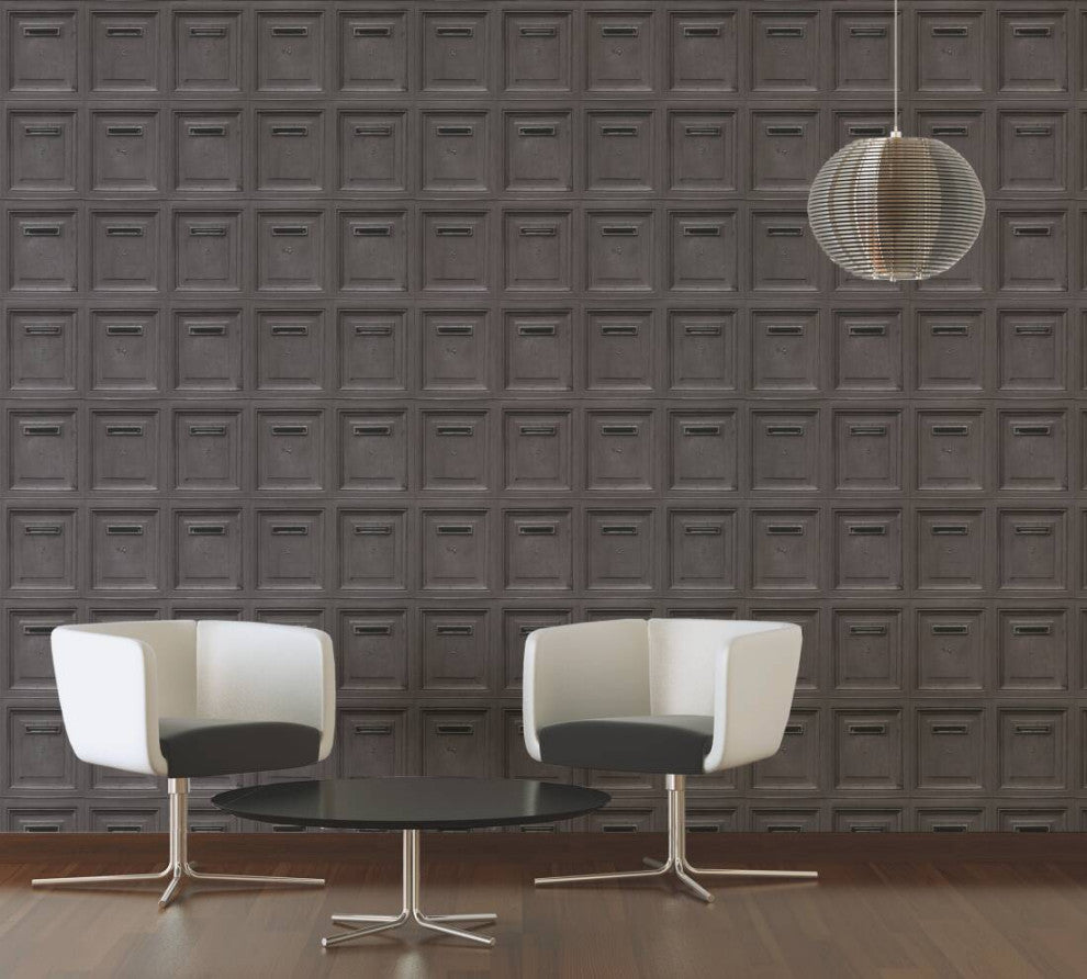 Loft Nature Textured Wallpaper, Numbered Post Boxes, Black Brown, Sample