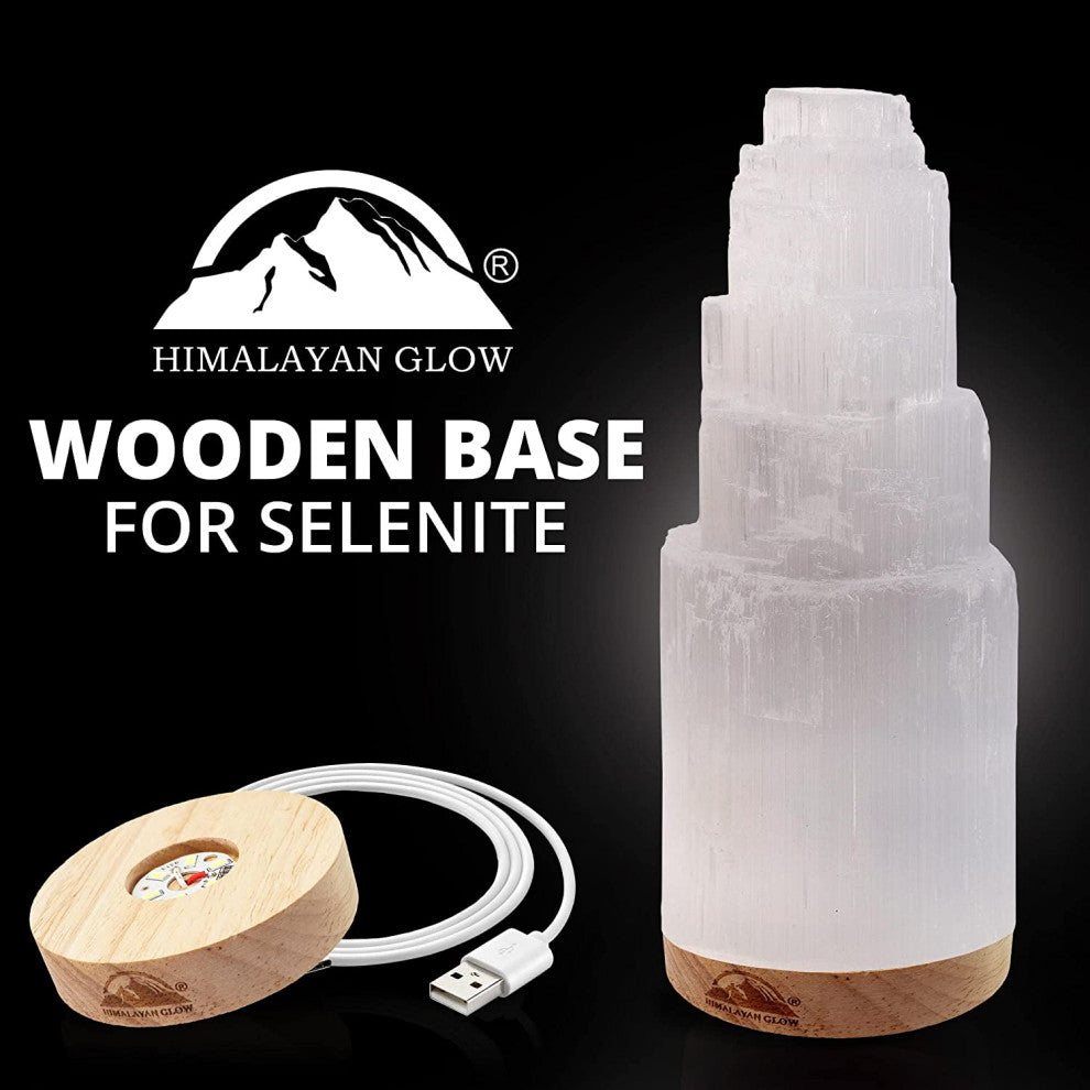 Selenite Crystal Lamp,  Includes USB Cable & Wooden Base LED Light, 7 to 9"