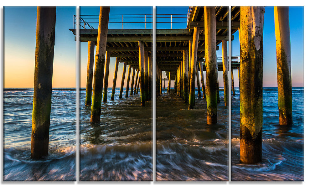 "Fishing Pier and Waves At Atlantic Sea" Sea Pier Wall Art, 4 Panels, 48"x28"