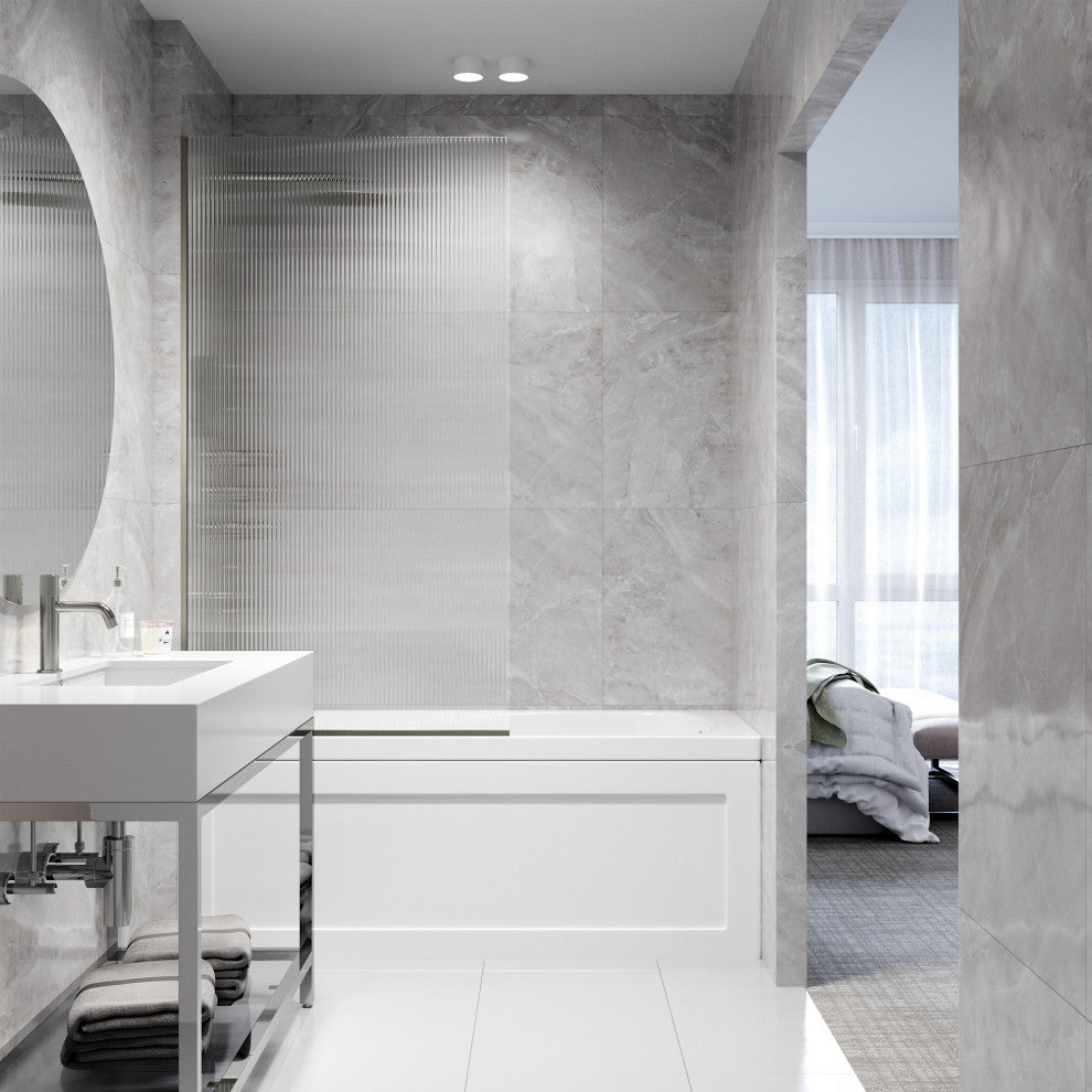 VIGO Zenith Frameless Fixed, Stainless Steel, Tub Screen, 34" W X 62" H, Fluted Glass
