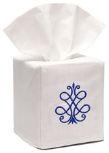 Linen Tissue Box Cover, French Scroll, Cobalt Blue