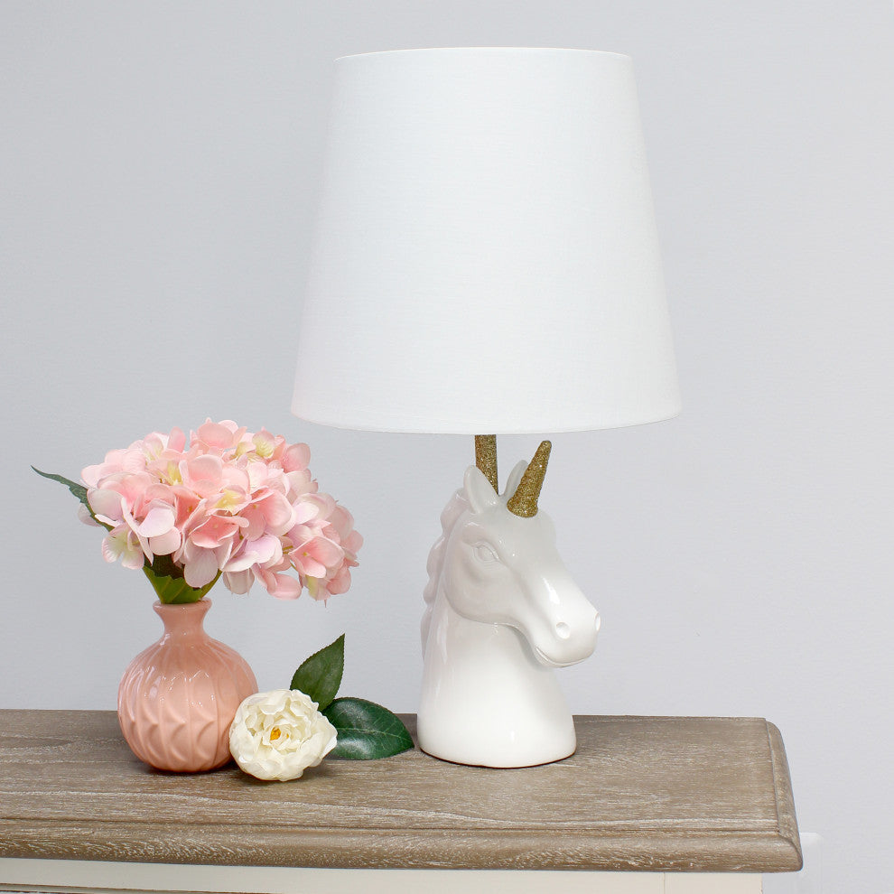 Simple Designs Sparkling Gold and White Unicorn Table Lamp