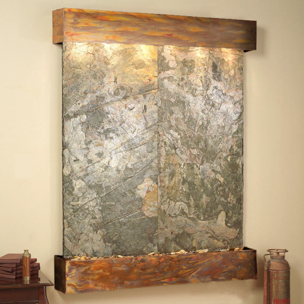 Majestic River Water Fountain, Green Slate, Rustic Copper, Square Edges