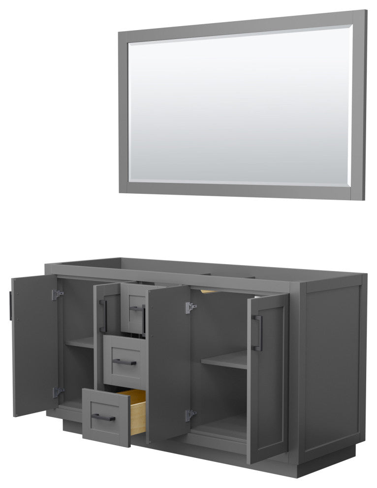 60" Double Bathroom Vanity, Dark Gray, No Countertop, Black Trim, 58" Mirror