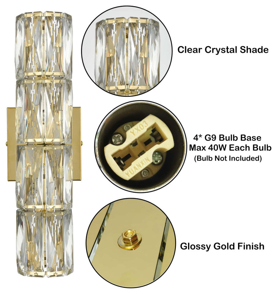 Wall Sconce Modern Crystal Light Bathroom Wall Lighting, Gold, 4-Light
