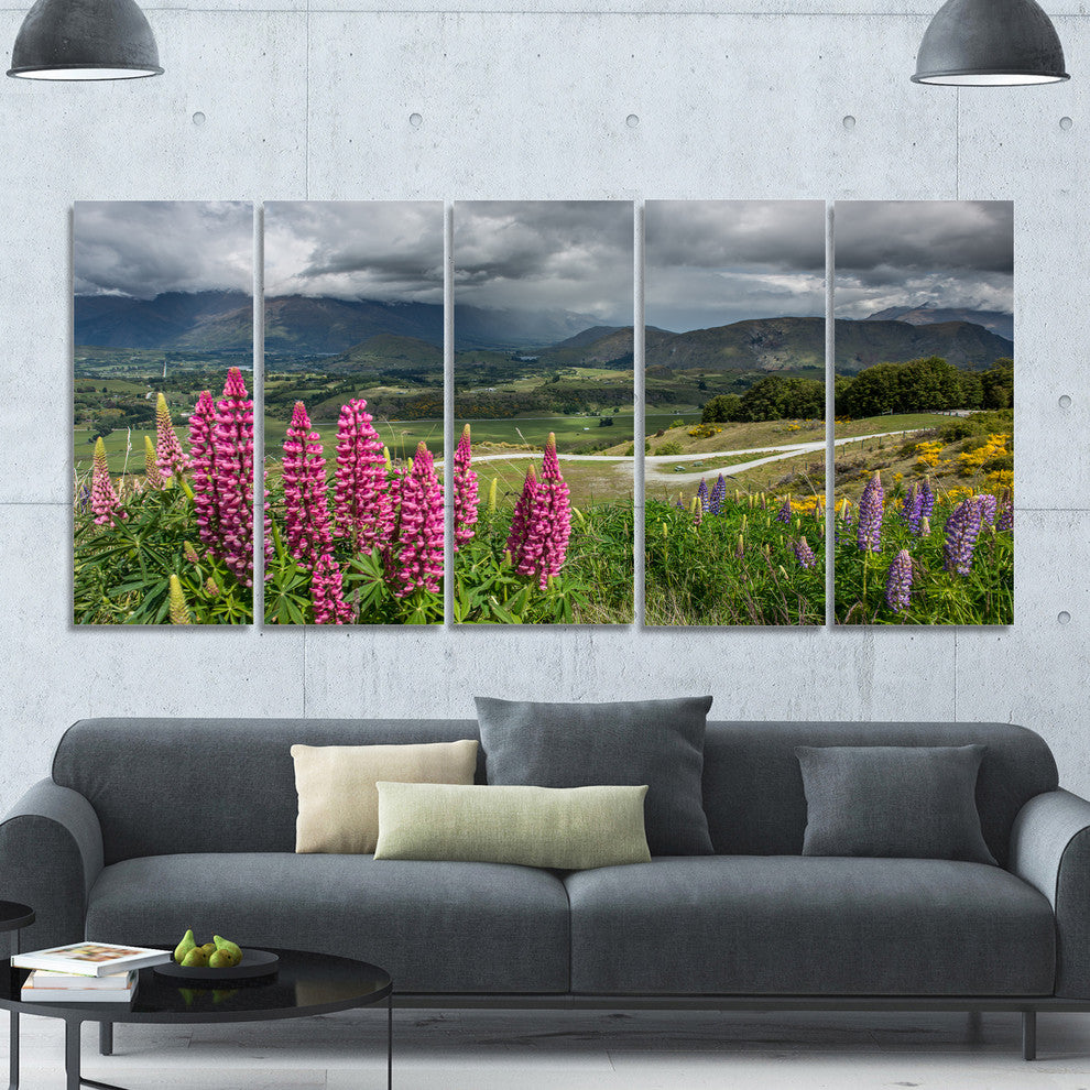 Flowering Landscape of New Zealand, Landscape Canvas Print, 60"x28", 5 Panels